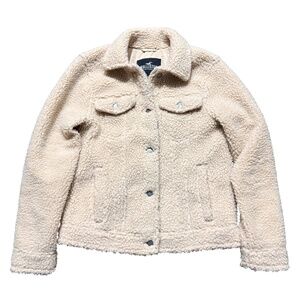 Hollister Teddy Trucker Jacket – Light Khaki Faux Shearling – Size S